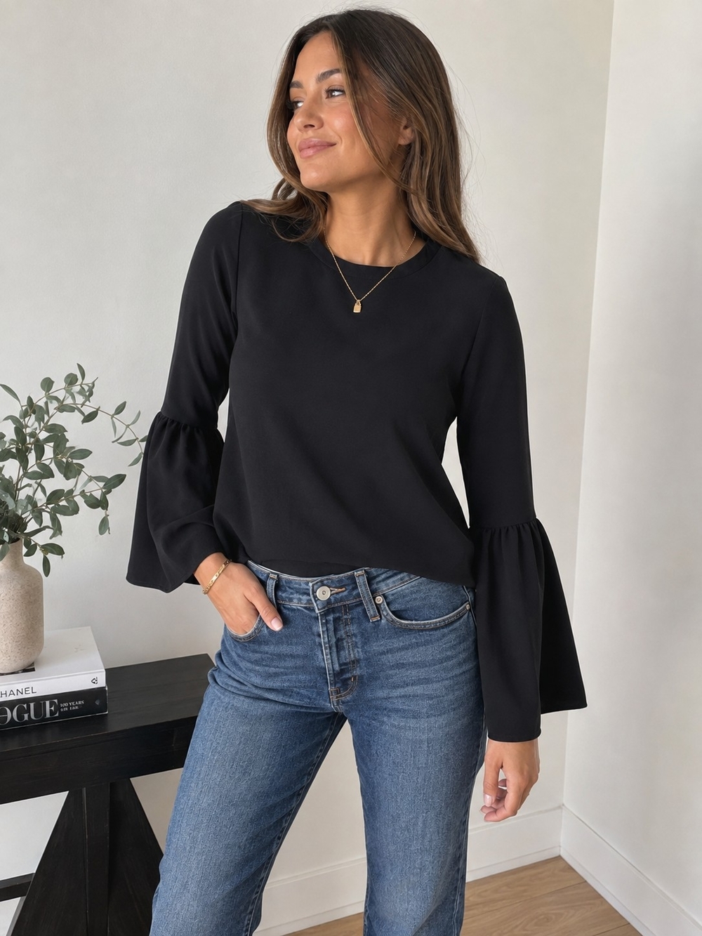 Black Bell Sleeve Crewneck Top